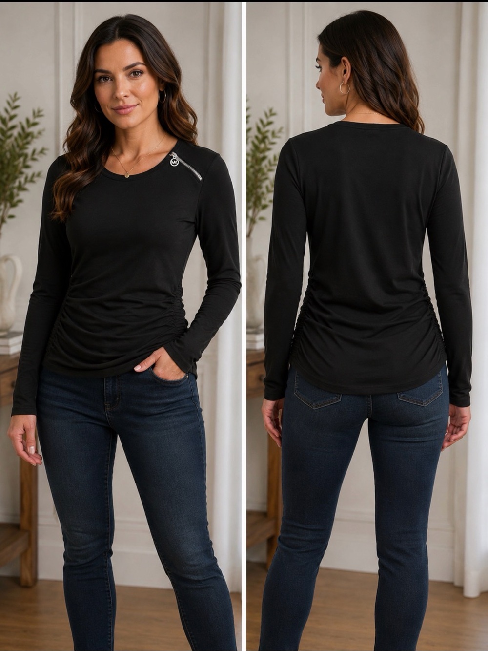 MICHAEL Michael Kors Black Top with Silver MK Zip Pull